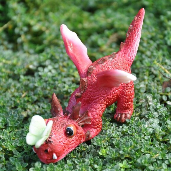 Miniature Fairy Garden and Terrarium Mini Red Dragon Playing with Butterfly Figu - Picture 2 of 3
